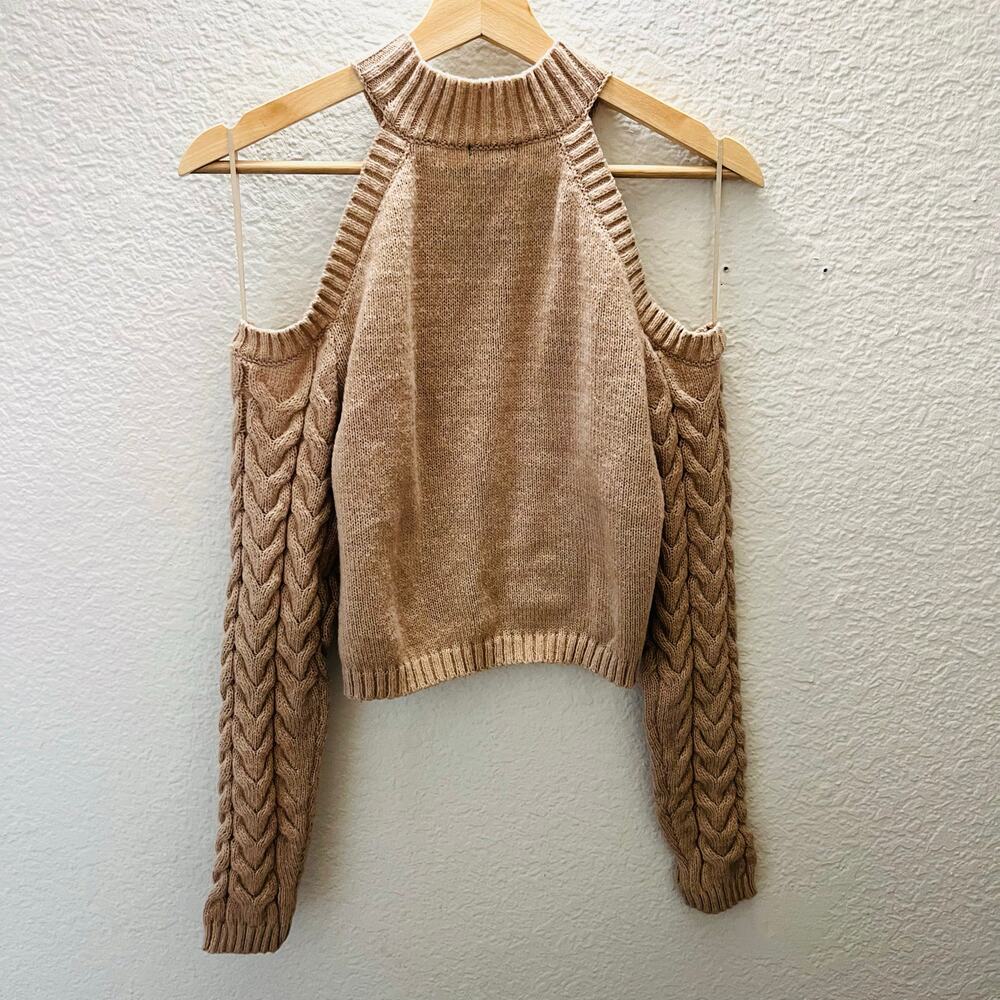 Debut Cold Shoulder Cable Knit Sweater M/L Beige Chunky Crop Cozy Cottagecore - Picture 3 of 6